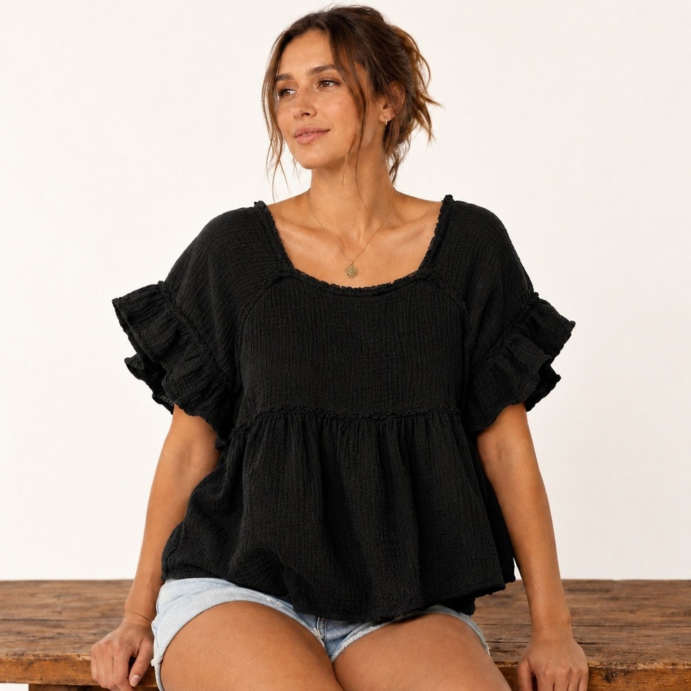 Millibon USA Double Gauze Solid Ruffle Sleeve Top Gray Boho Size L